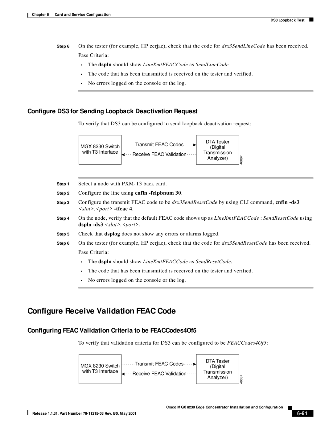 Cisco Systems MGX 8230 Configure Receive Validation Feac Code, Configure DS3 for Sending Loopback Deactivation Request 