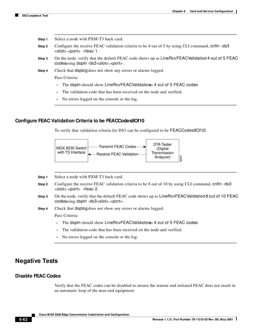 Cisco Systems MGX 8230 manual Negative Tests, Configure Feac Validation Criteria to be FEACCodes8Of10, Disable Feac Codes 