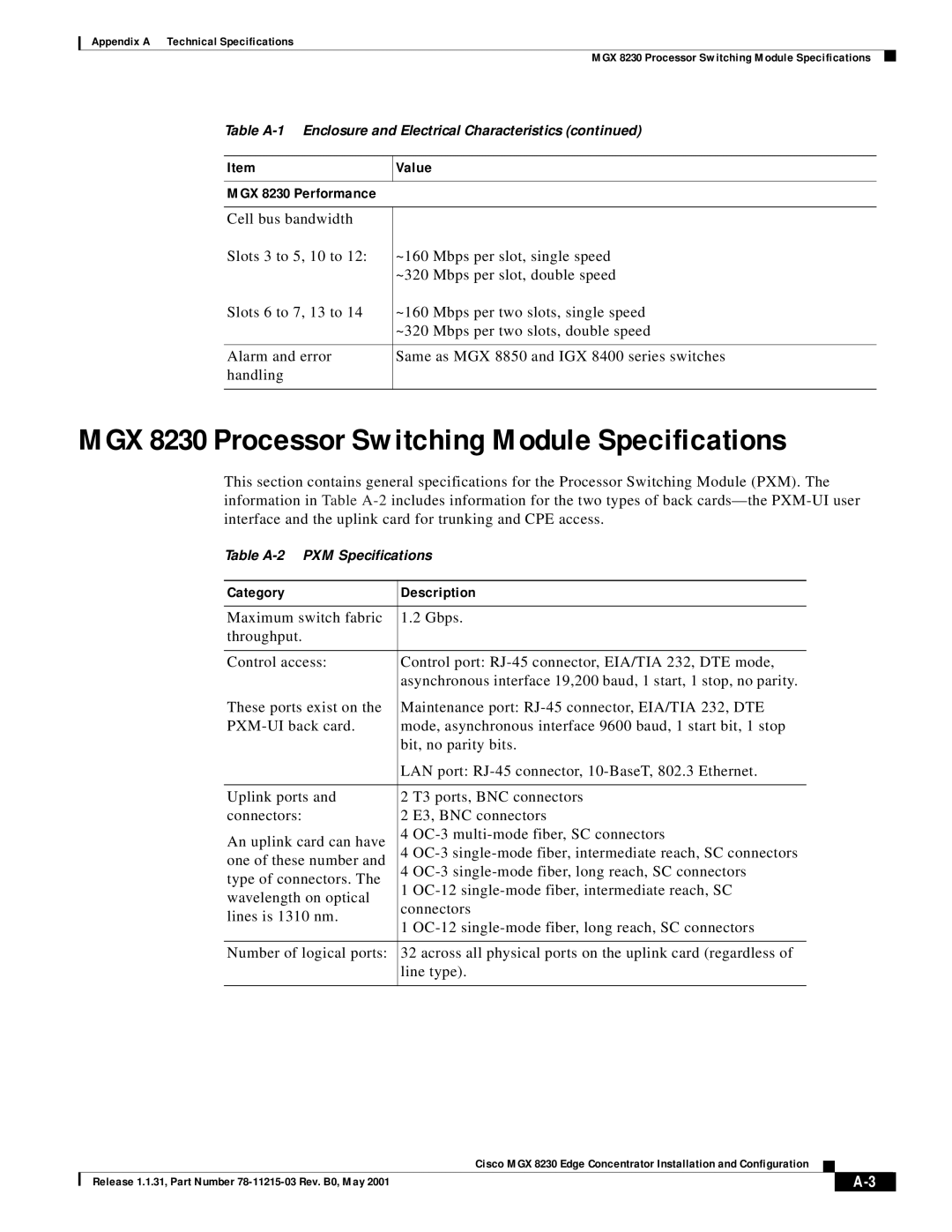 Cisco Systems manual MGX 8230 Processor Switching Module Specifications, Category Description 