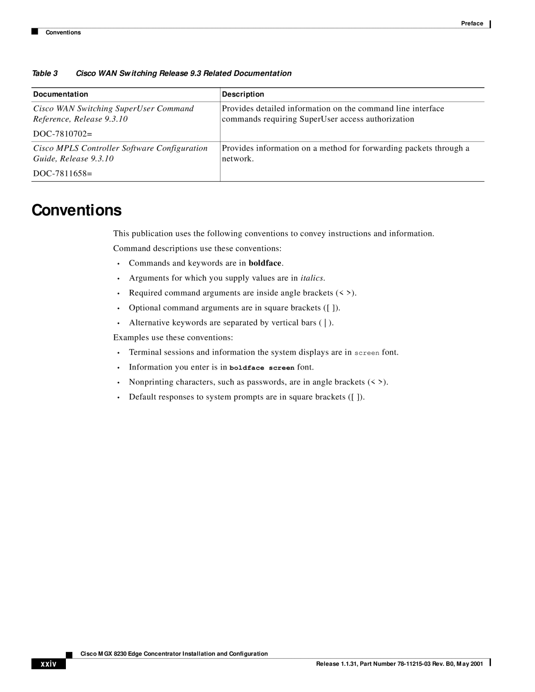 Cisco Systems MGX 8230 manual Conventions, Xxiv 