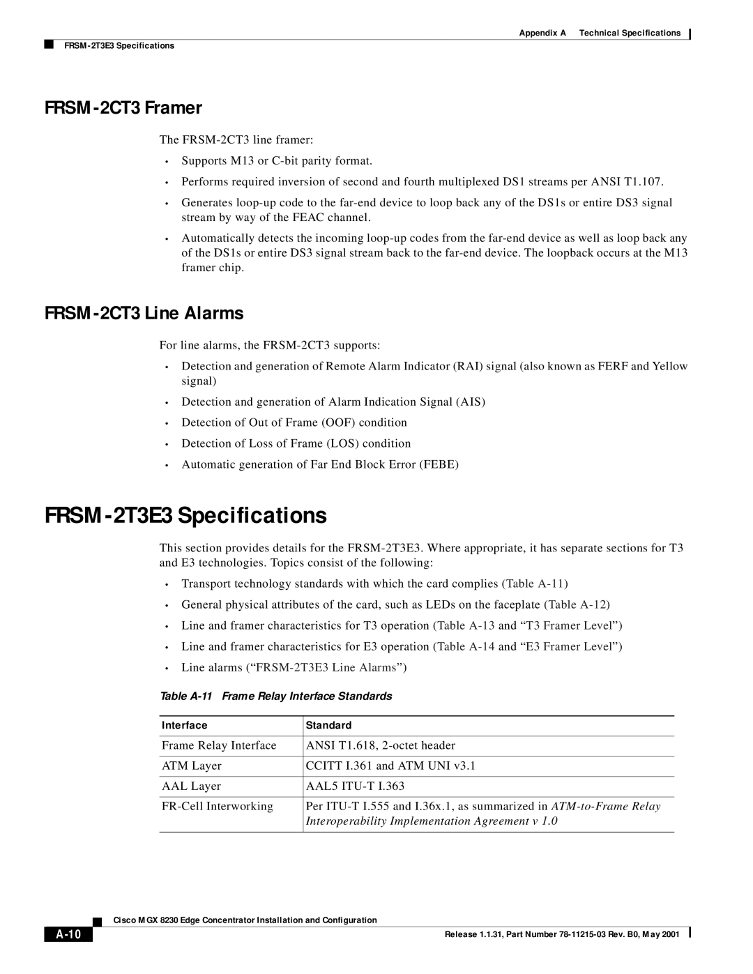 Cisco Systems MGX 8230 manual FRSM-2T3E3 Specifications, FRSM-2CT3 Framer, FRSM-2CT3 Line Alarms 