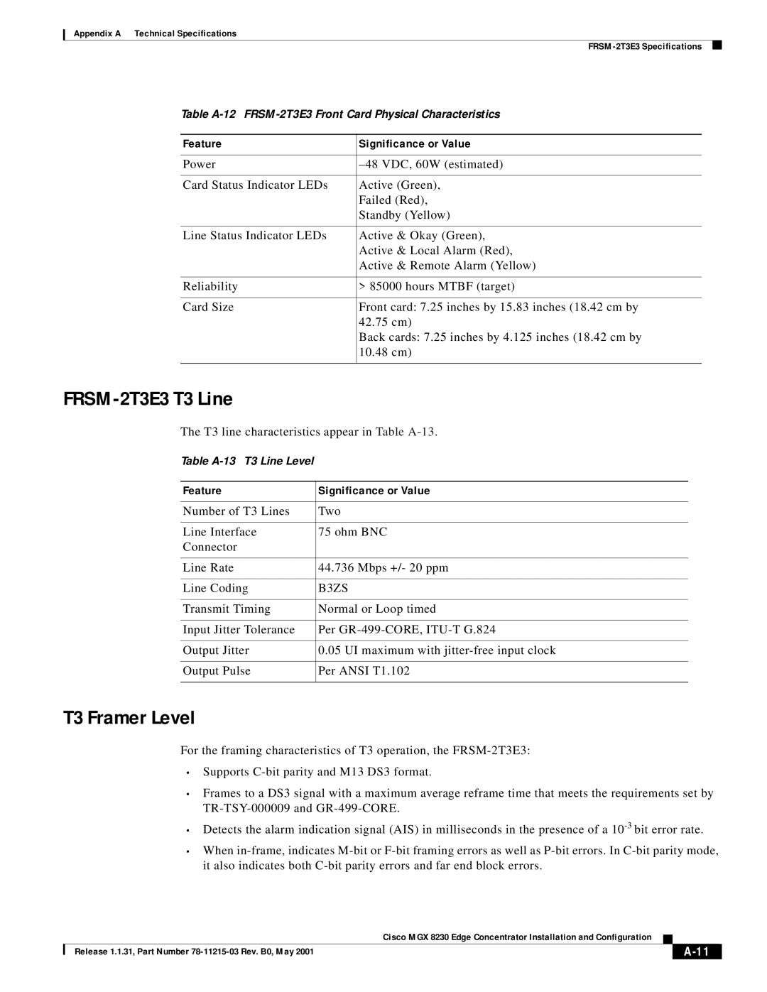 Cisco Systems MGX 8230 manual FRSM-2T3E3 T3 Line, T3 Framer Level, T3 line characteristics appear in Table A-13 