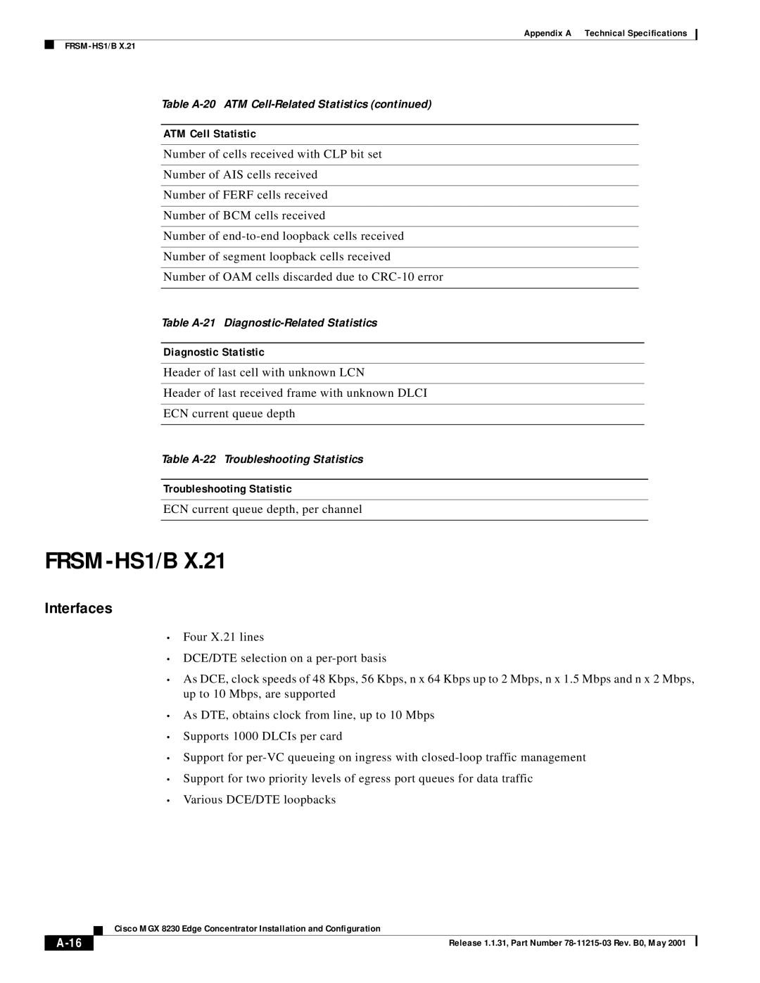 Cisco Systems MGX 8230 Interfaces, Diagnostic Statistic, Troubleshooting Statistic, ECN current queue depth, per channel 