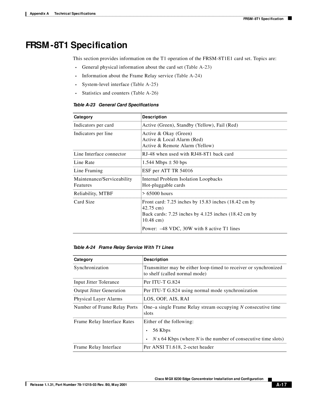 Cisco Systems MGX 8230 manual FRSM-8T1 Specification, Category Description 