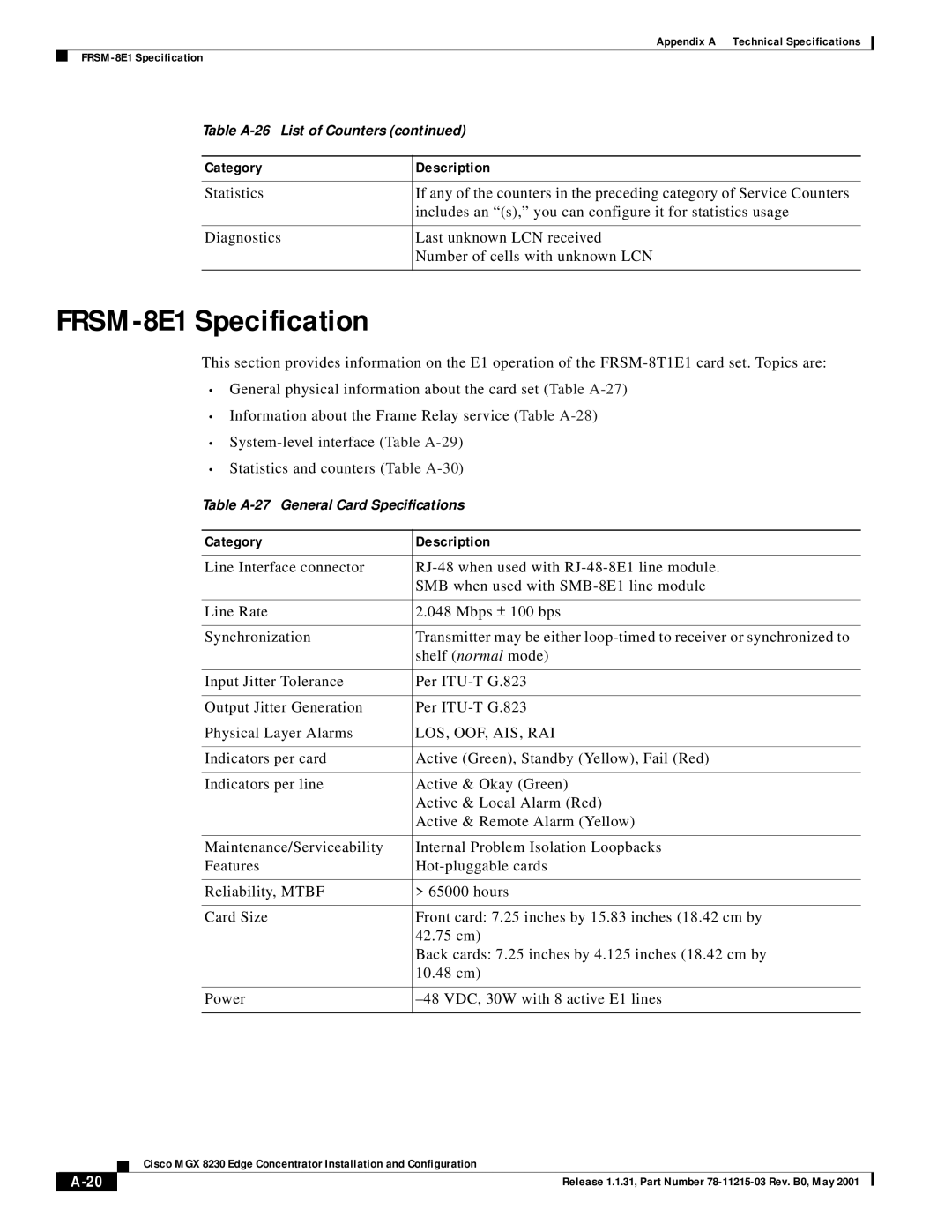 Cisco Systems MGX 8230 manual FRSM-8E1 Specification, Los, Oof, Ais, Rai 