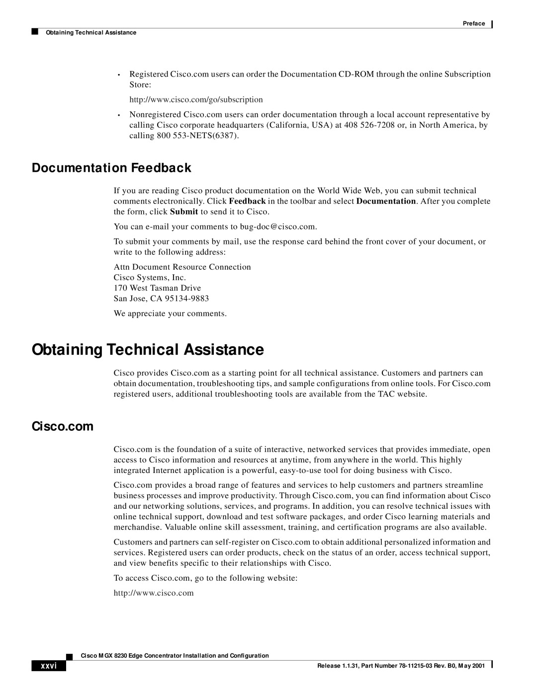 Cisco Systems MGX 8230 manual Obtaining Technical Assistance, Documentation Feedback, Cisco.com 