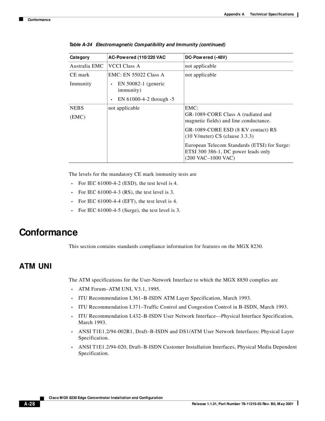 Cisco Systems MGX 8230 manual Conformance, Nebs, Emc 