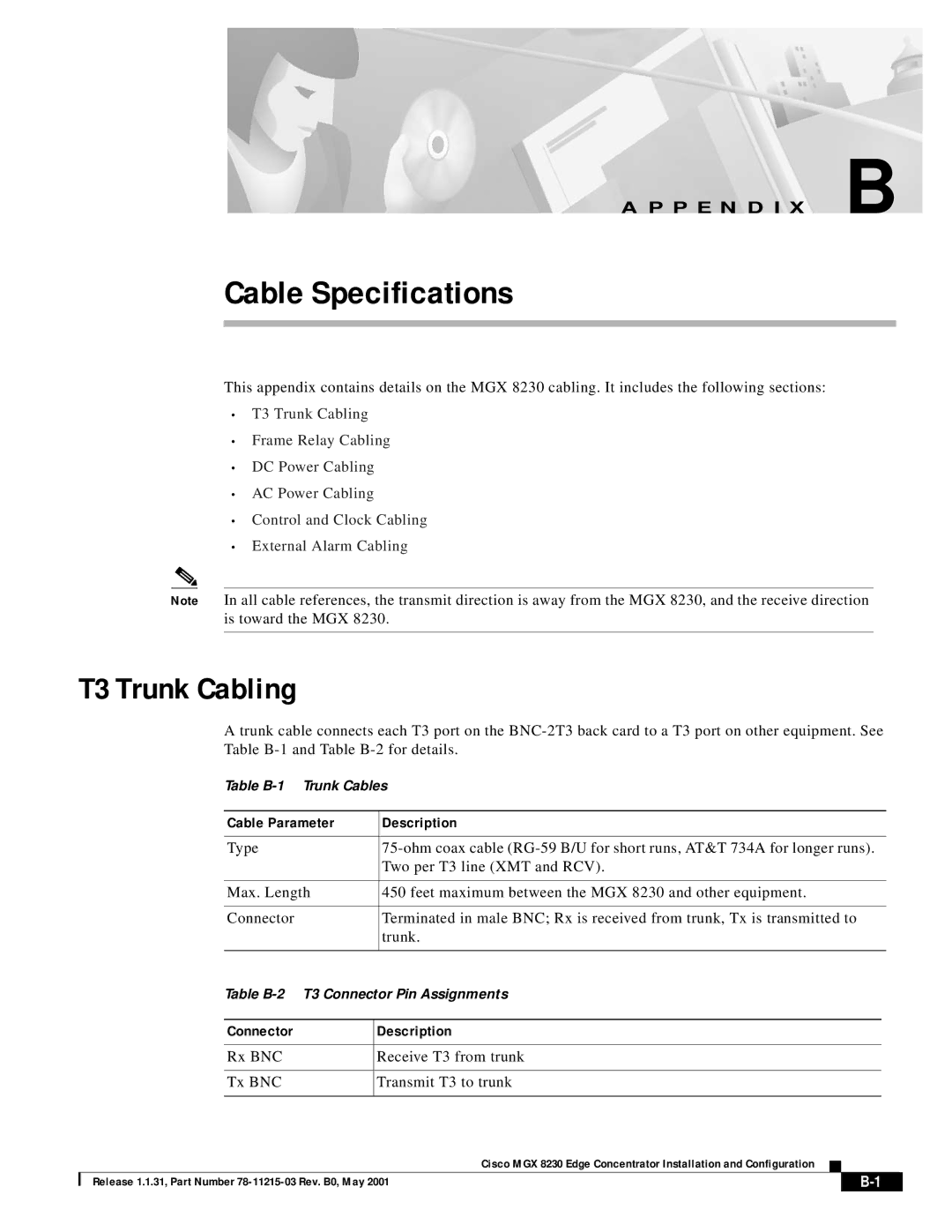 Cisco Systems MGX 8230 manual T3 Trunk Cabling, Cable Parameter Description, Connector Description 