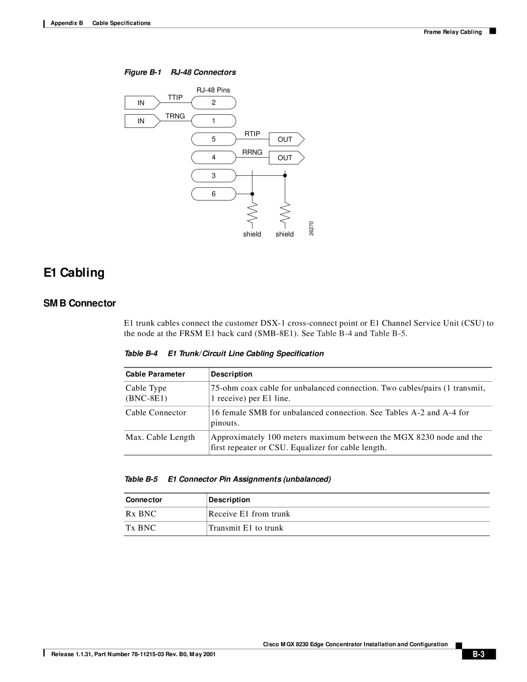 Cisco Systems MGX 8230 manual E1 Cabling, SMB Connector, Rx BNC Receive E1 from trunk Tx BNC Transmit E1 to trunk 