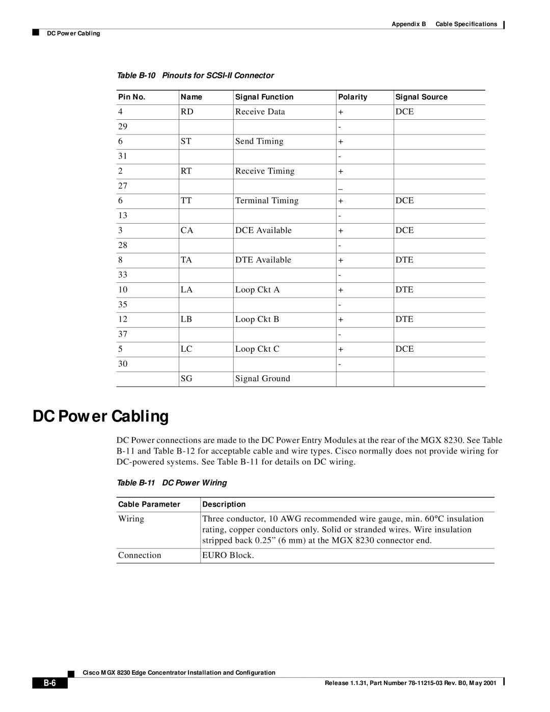 Cisco Systems MGX 8230 manual DC Power Cabling 