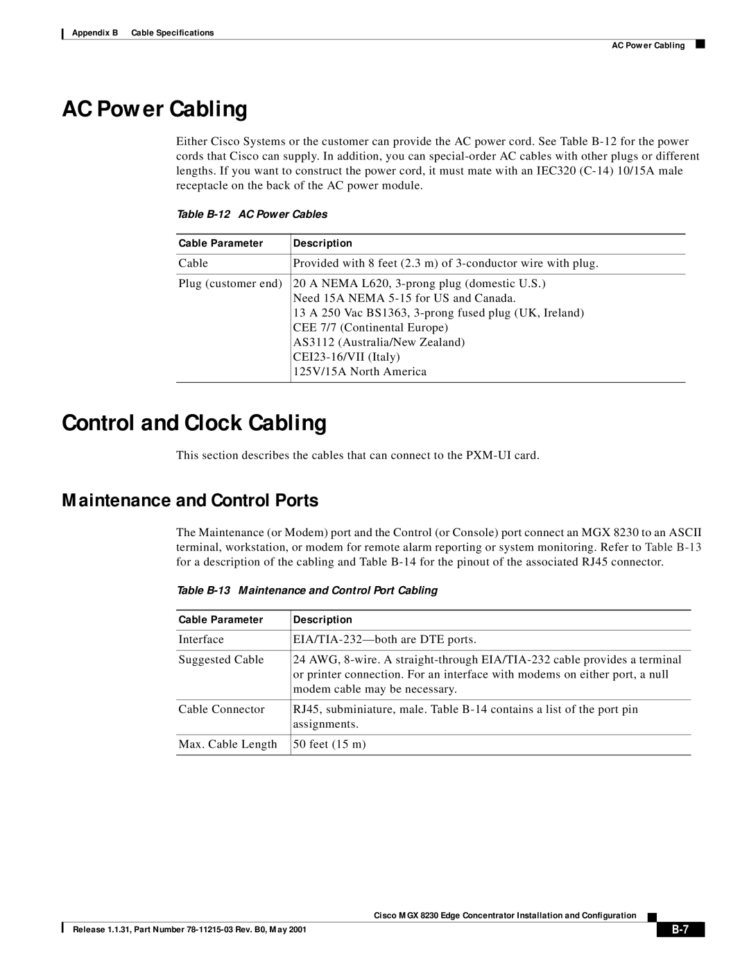 Cisco Systems MGX 8230 manual AC Power Cabling, Control and Clock Cabling, Maintenance and Control Ports 