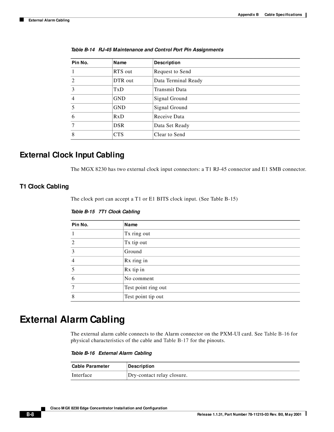 Cisco Systems MGX 8230 External Alarm Cabling, External Clock Input Cabling, T1 Clock Cabling, Pin No Name Description 