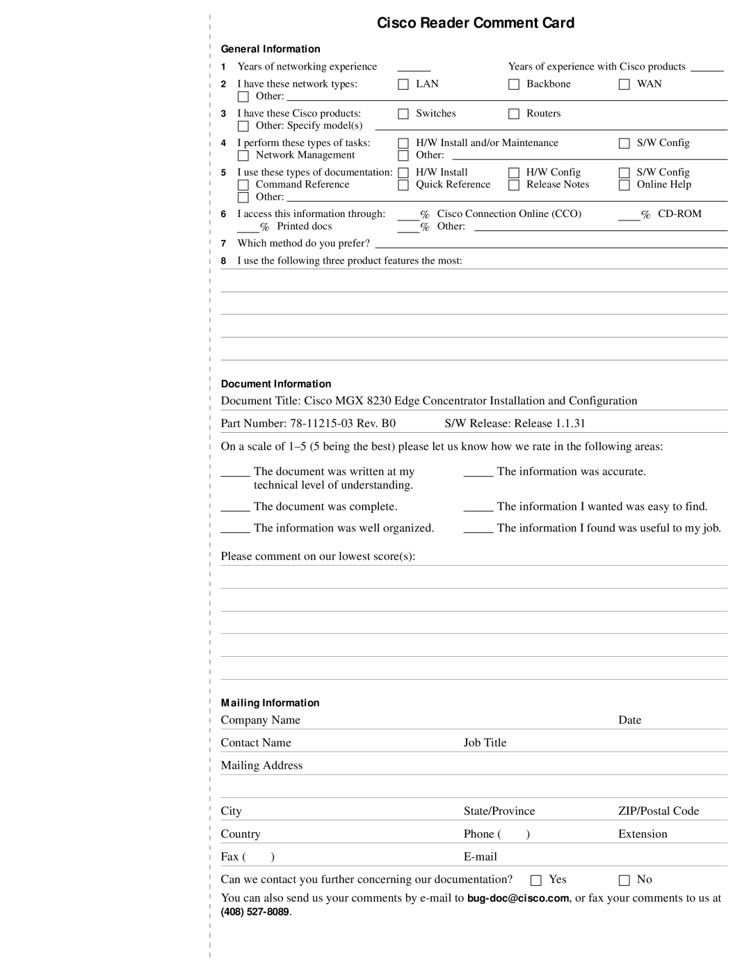 Cisco Systems MGX 8230 manual General Information, Document Information, Mailing Information 