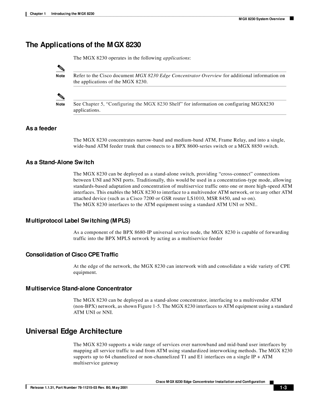 Cisco Systems MGX 8230 manual Applications of the MGX, Universal Edge Architecture 