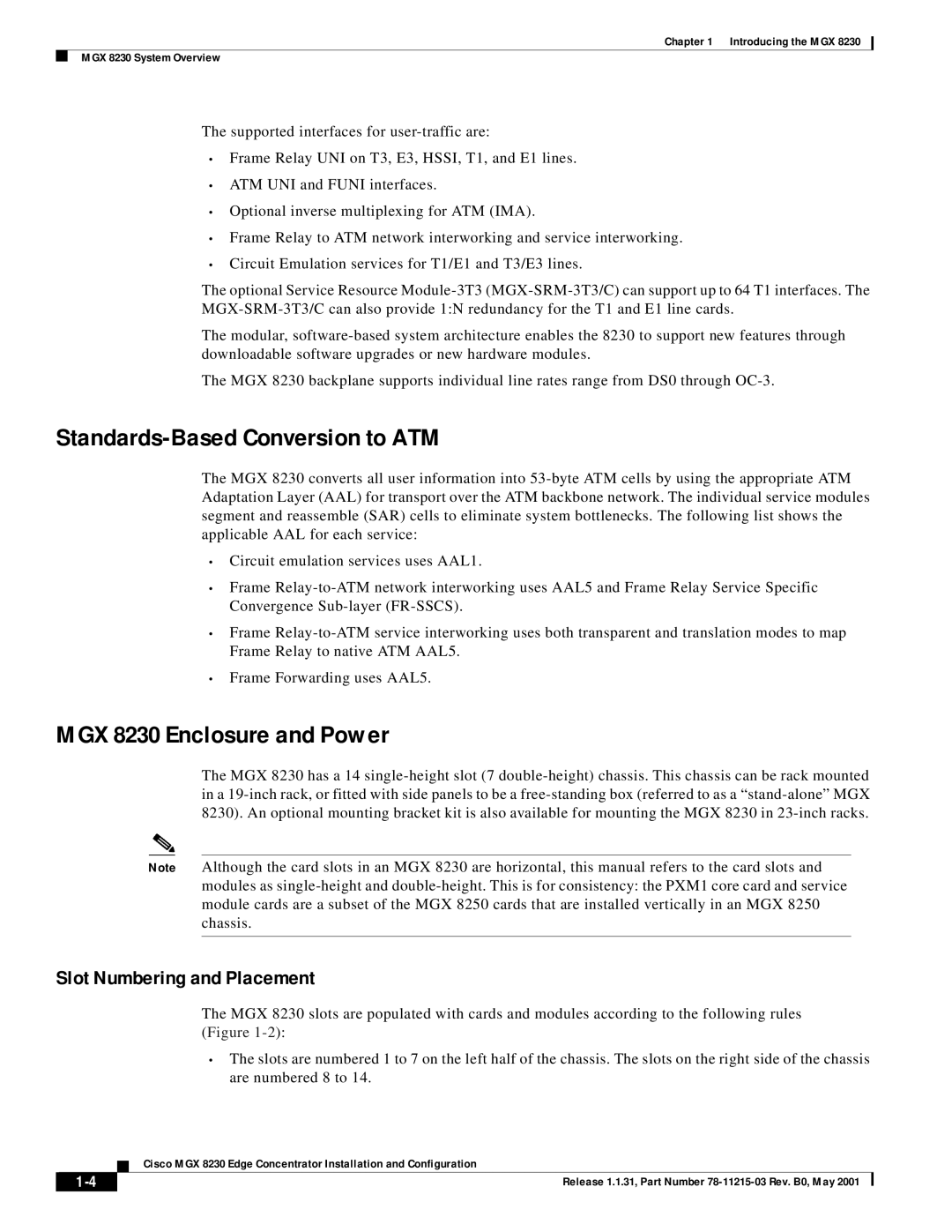 Cisco Systems manual Standards-Based Conversion to ATM, MGX 8230 Enclosure and Power, Slot Numbering and Placement 