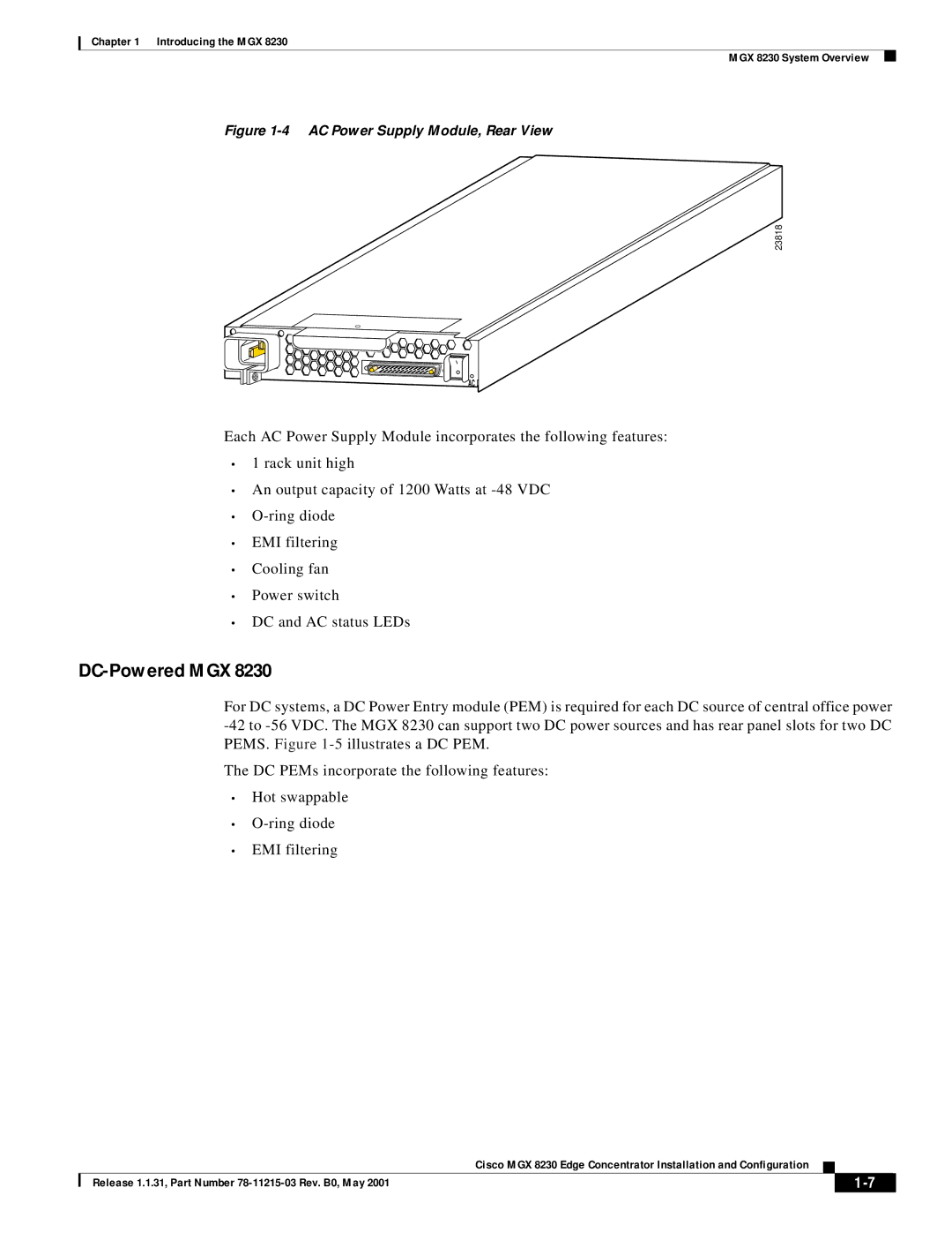 Cisco Systems MGX 8230 manual DC-Powered MGX, AC Power Supply Module, Rear View 