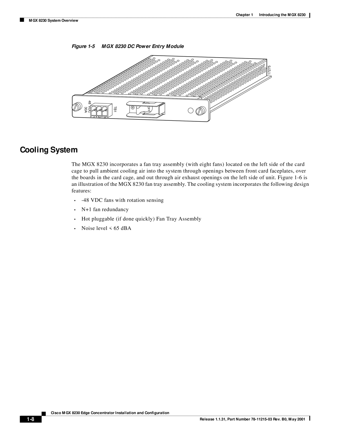 Cisco Systems manual Cooling System, MGX 8230 DC Power Entry Module 