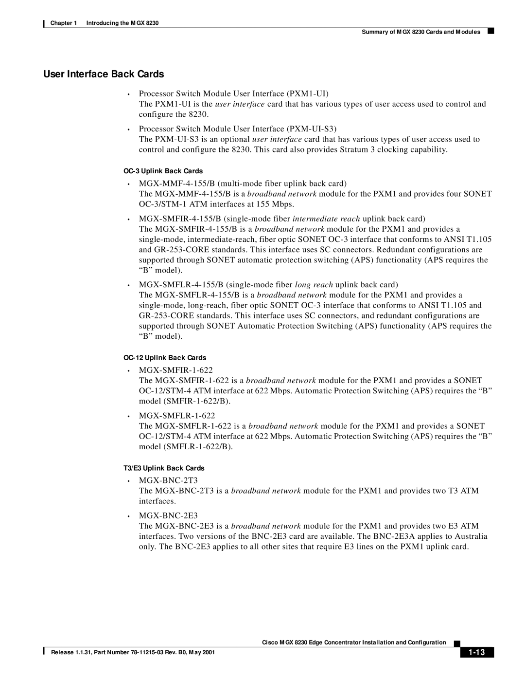 Cisco Systems MGX 8230 manual User Interface Back Cards, MGX-BNC-2T3, MGX-BNC-2E3 