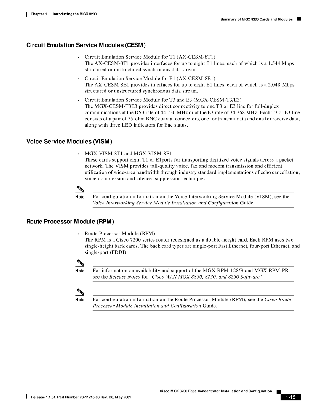 Cisco Systems MGX 8230 Circuit Emulation Service Modules Cesm, Voice Service Modules Vism, Route Processor Module RPM 
