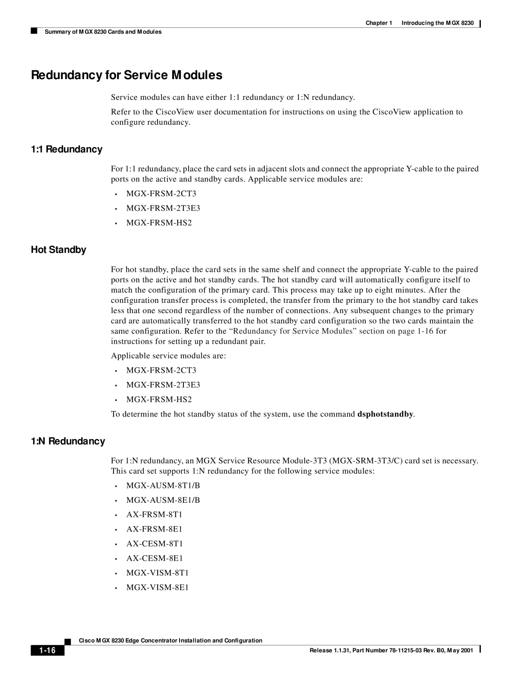 Cisco Systems MGX 8230 manual Redundancy for Service Modules, Hot Standby, 1N Redundancy 