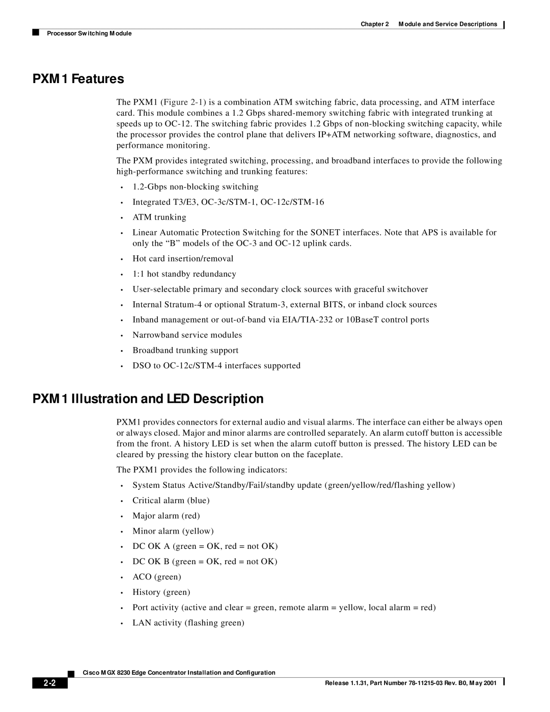 Cisco Systems MGX 8230 manual PXM1 Features, PXM1 Illustration and LED Description 