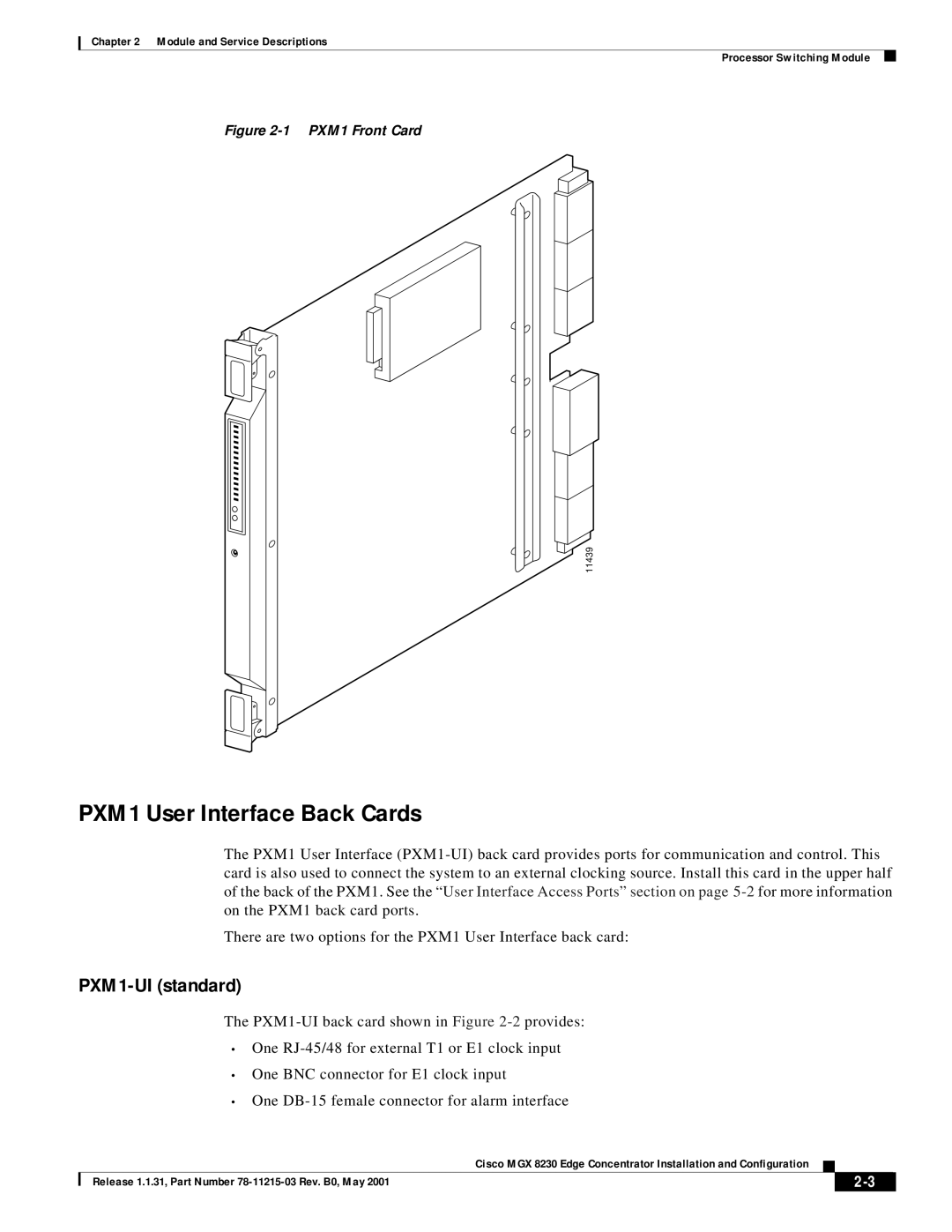 Cisco Systems MGX 8230 manual PXM1 User Interface Back Cards, PXM1-UI standard 