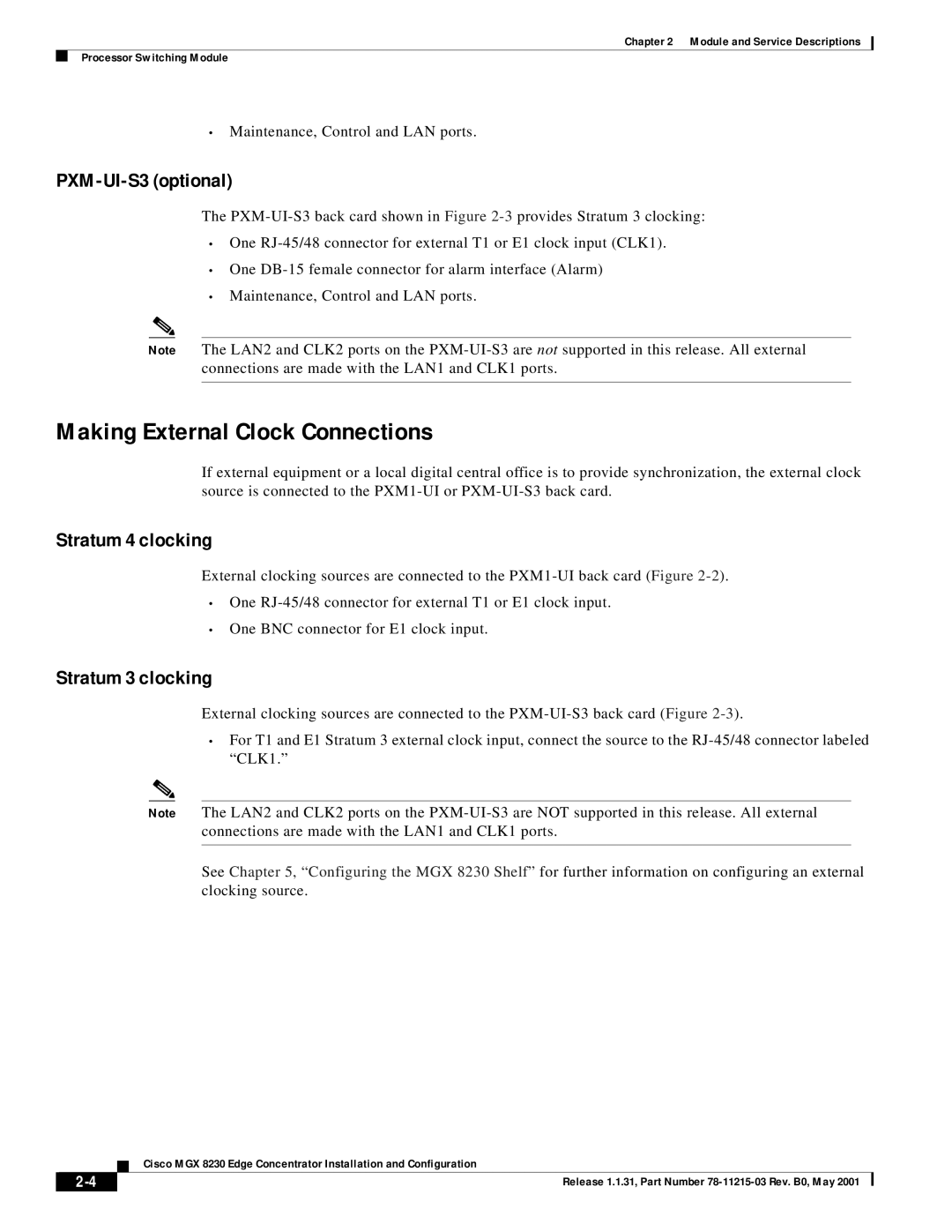 Cisco Systems MGX 8230 manual Making External Clock Connections, PXM-UI-S3 optional, Stratum 4 clocking, Stratum 3 clocking 