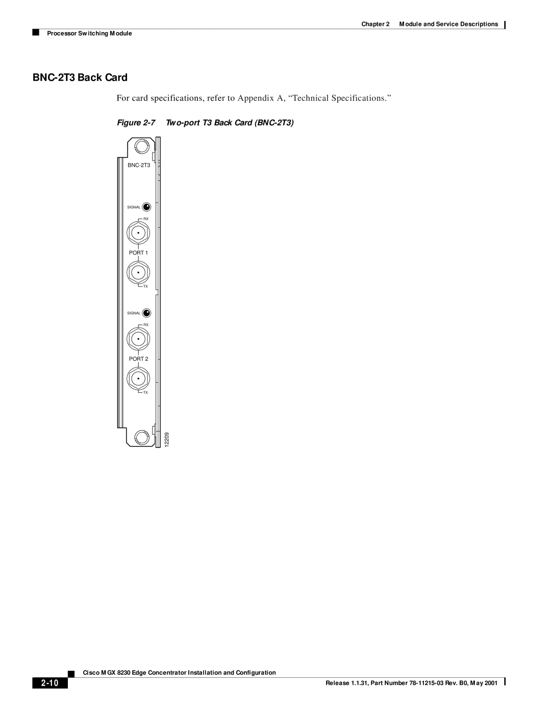 Cisco Systems MGX 8230 manual BNC-2T3 Back Card, Two-port T3 Back Card BNC-2T3 