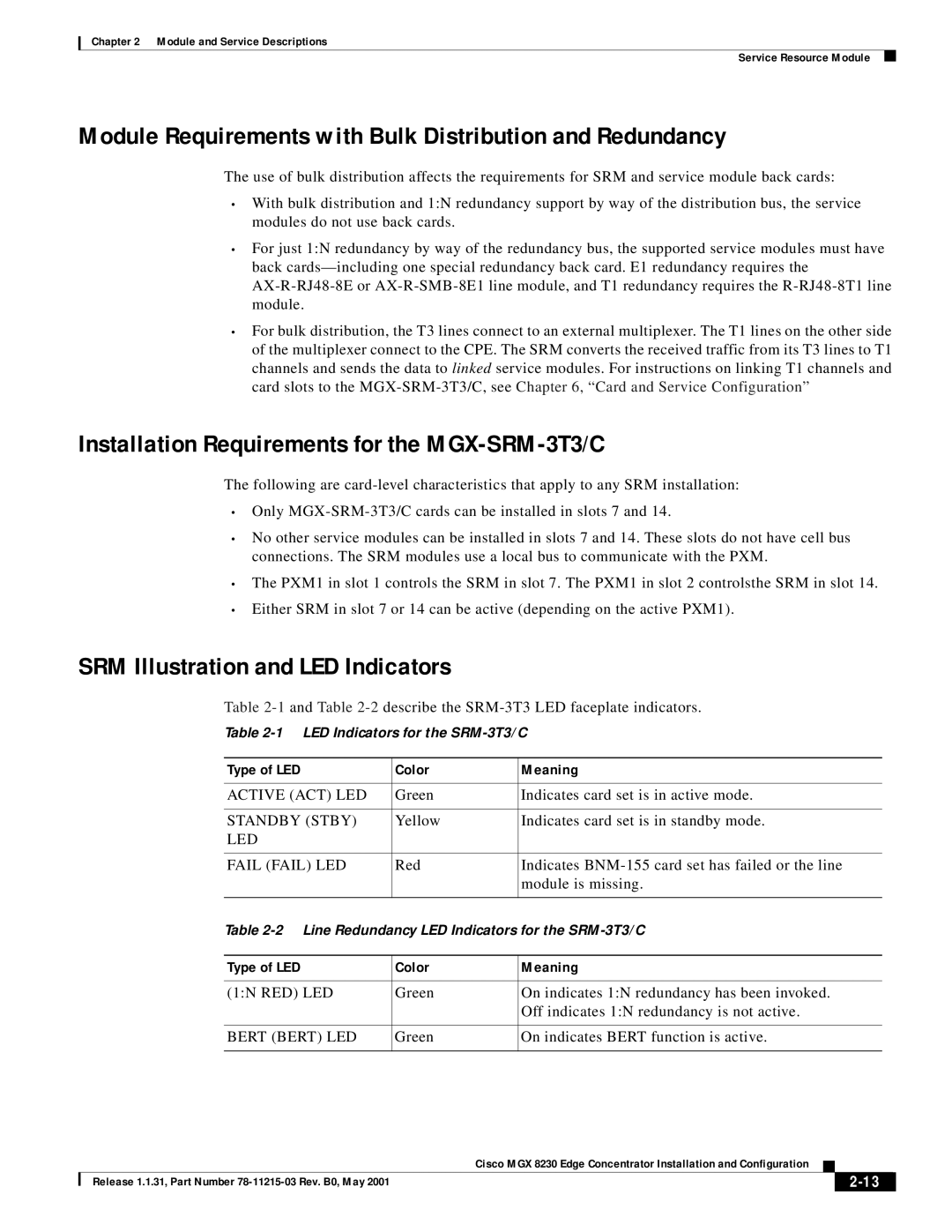 Cisco Systems MGX 8230 Module Requirements with Bulk Distribution and Redundancy, SRM Illustration and LED Indicators 