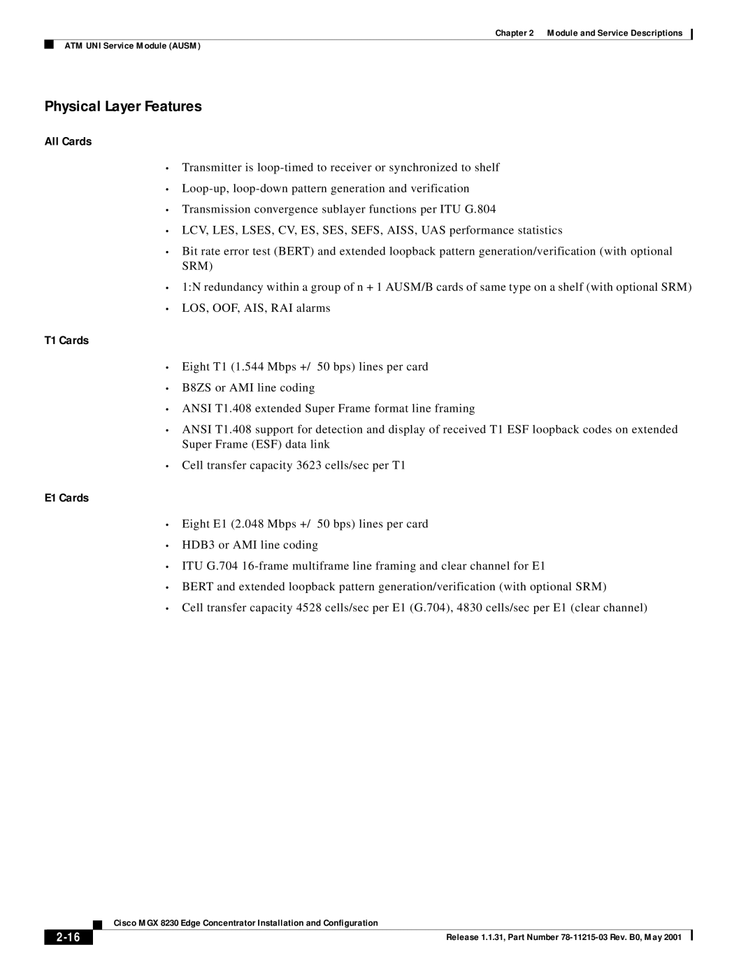 Cisco Systems MGX 8230 manual Physical Layer Features, All Cards, T1 Cards, E1 Cards 