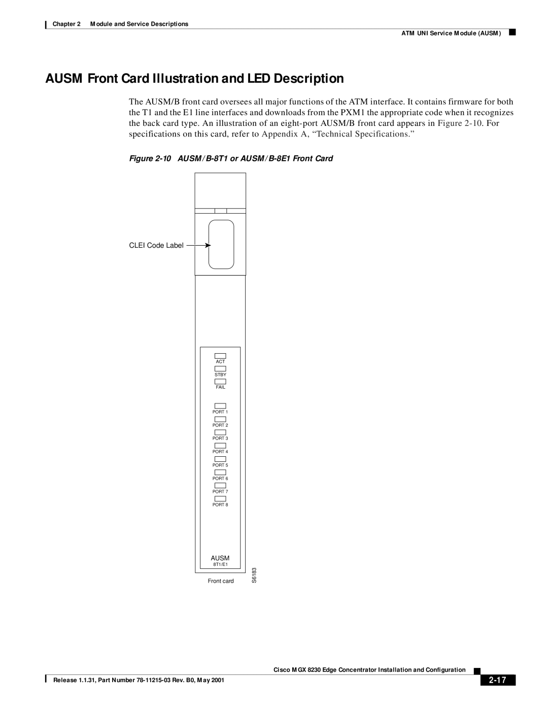 Cisco Systems MGX 8230 manual Ausm Front Card Illustration and LED Description, AUSM/B-8T1 or AUSM/B-8E1 Front Card 