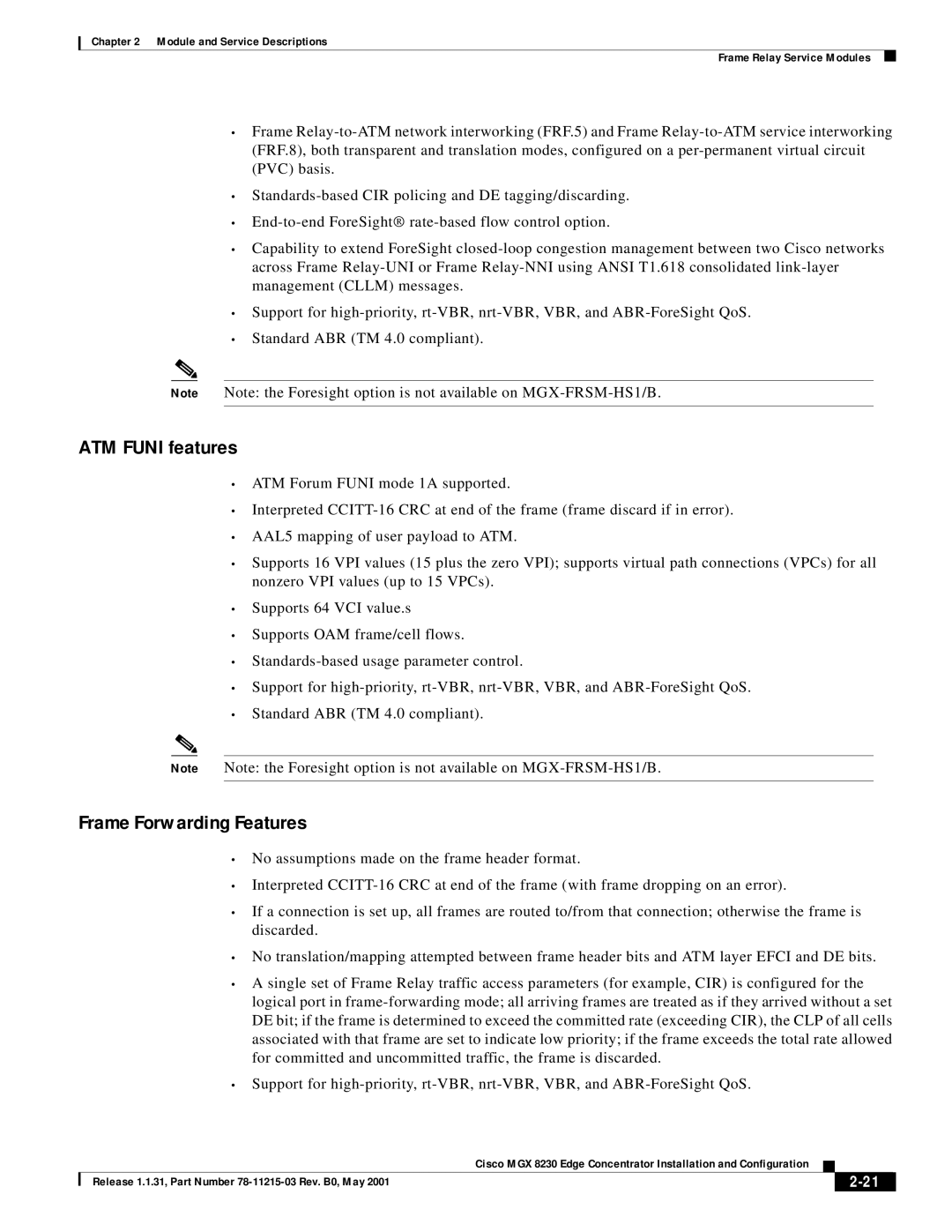 Cisco Systems MGX 8230 manual ATM Funi features, Frame Forwarding Features 