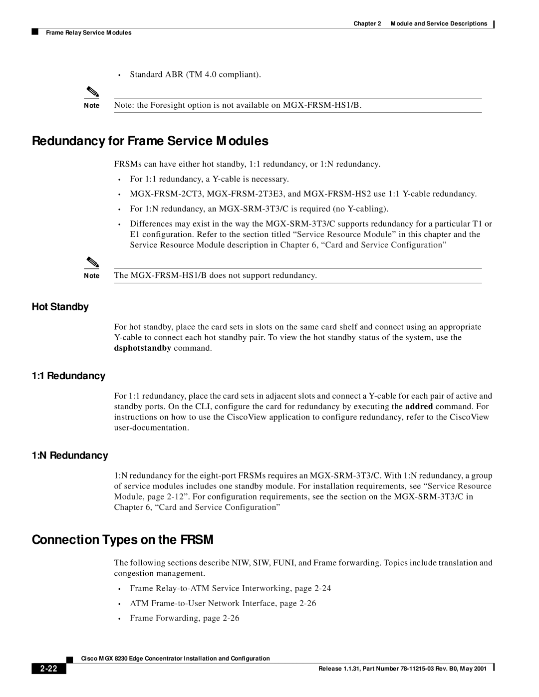 Cisco Systems MGX 8230 manual Redundancy for Frame Service Modules, Connection Types on the Frsm 