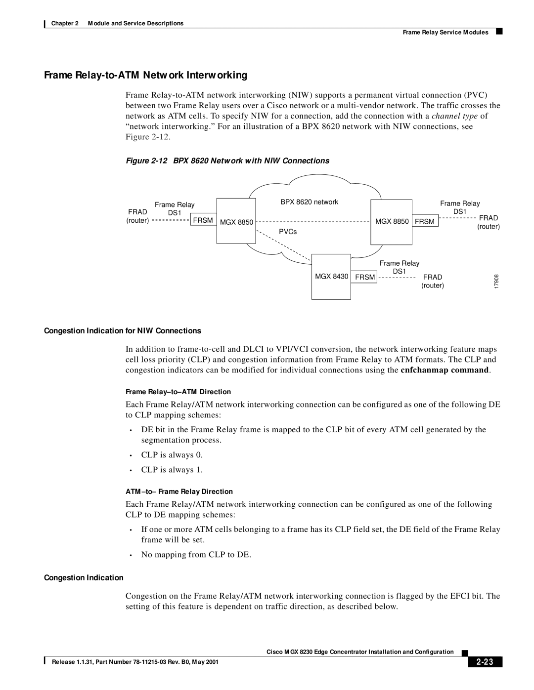 Cisco Systems MGX 8230 manual Frame Relay-to-ATM Network Interworking, Congestion Indication for NIW Connections 