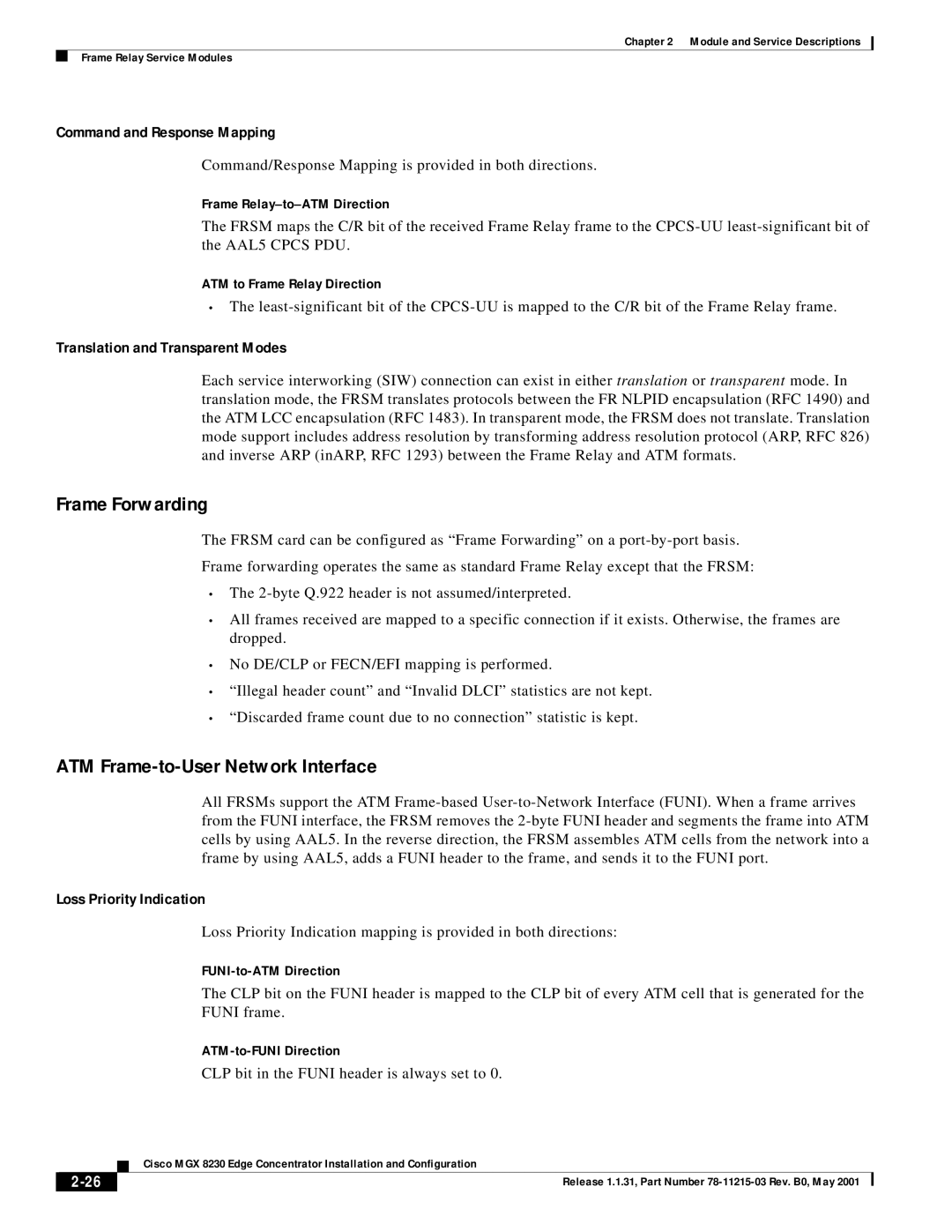 Cisco Systems MGX 8230 manual Frame Forwarding, ATM Frame-to-User Network Interface, Command and Response Mapping 