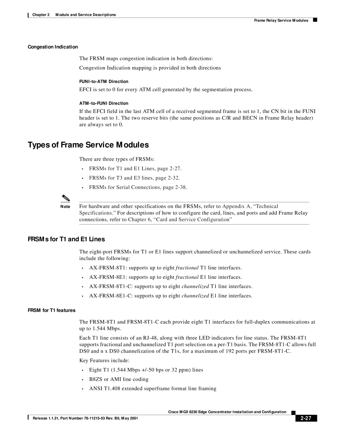 Cisco Systems MGX 8230 manual Types of Frame Service Modules, FRSMs for T1 and E1 Lines, Frsm for T1 features 