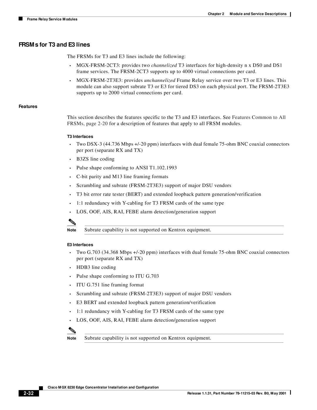 Cisco Systems MGX 8230 manual FRSMs for T3 and E3 lines, Features 