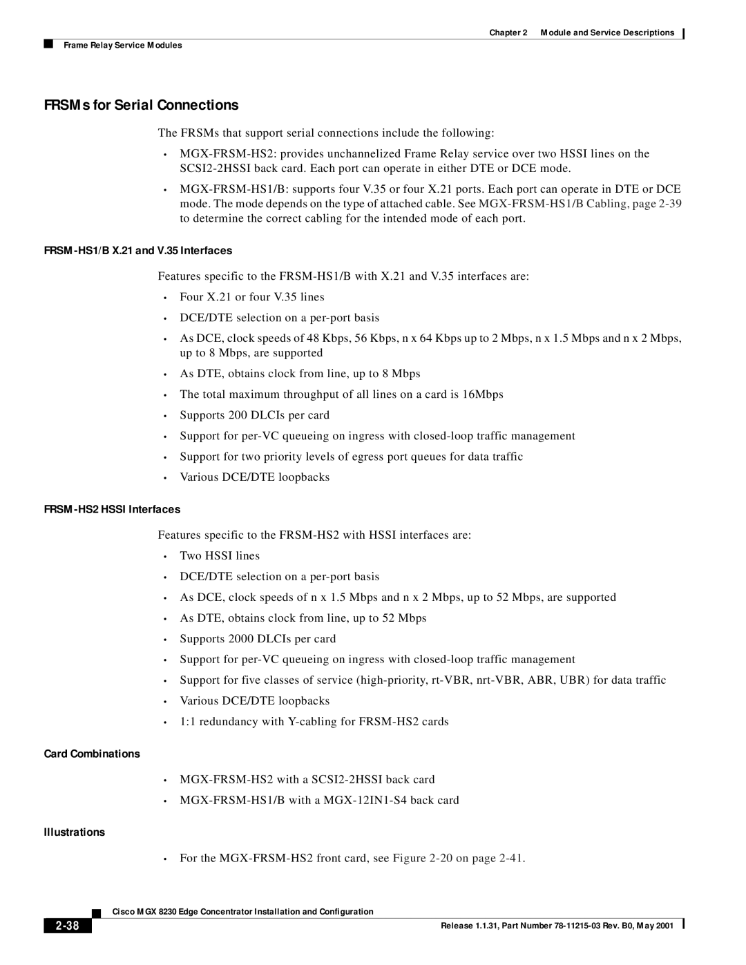 Cisco Systems MGX 8230 manual FRSMs for Serial Connections, FRSM-HS1/B X.21 and V.35 Interfaces, FRSM-HS2 Hssi Interfaces 