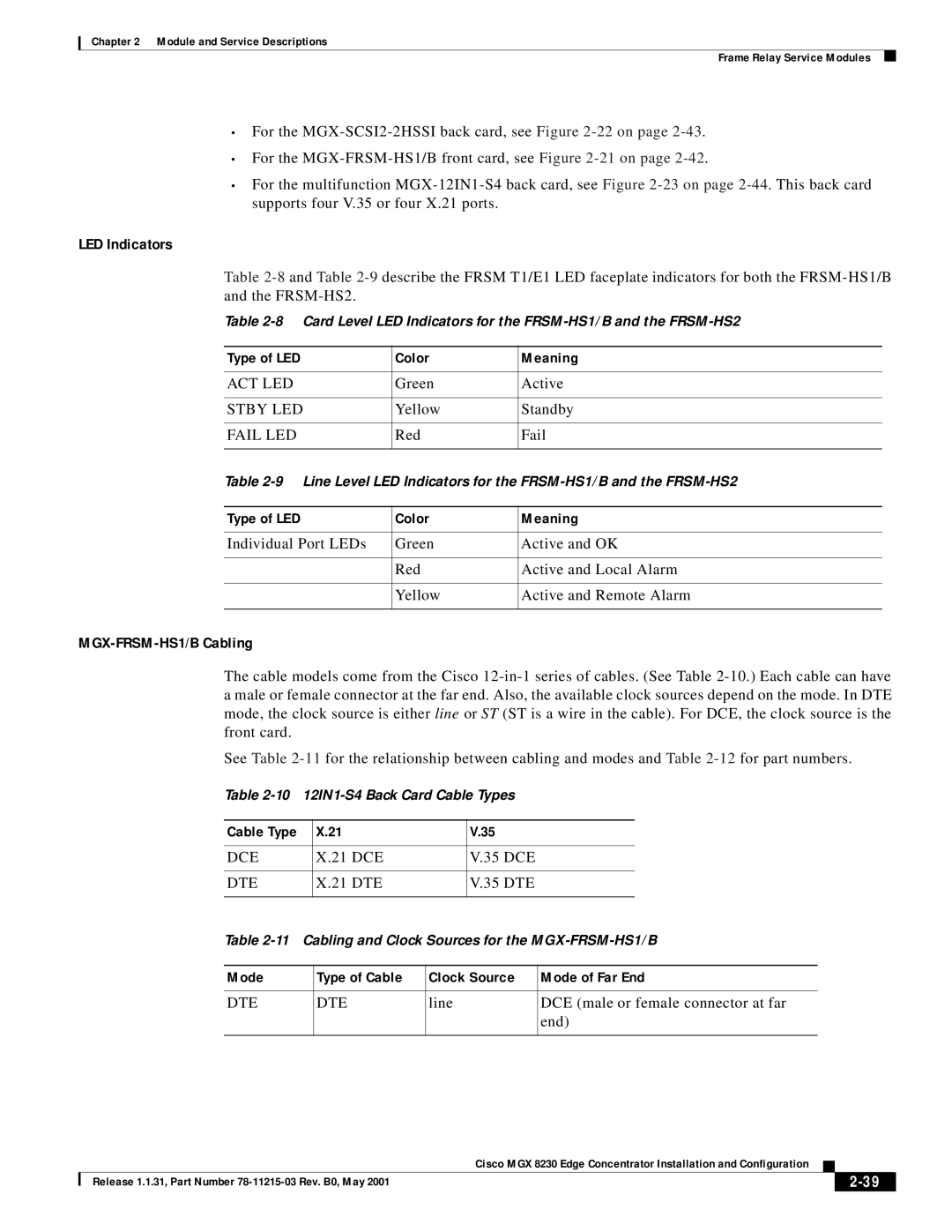 Cisco Systems MGX 8230 manual MGX-FRSM-HS1/B Cabling, Cable Type, Dce, Dte, Mode Type of Cable Clock Source Mode of Far End 