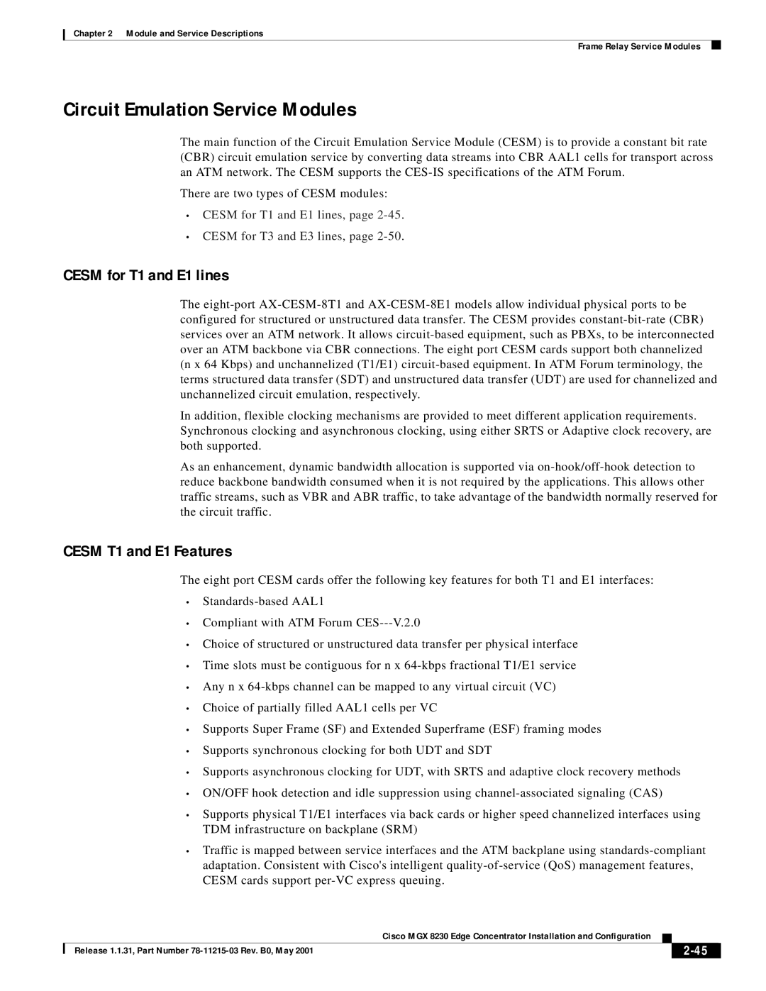 Cisco Systems MGX 8230 manual Circuit Emulation Service Modules, Cesm for T1 and E1 lines, Cesm T1 and E1 Features 