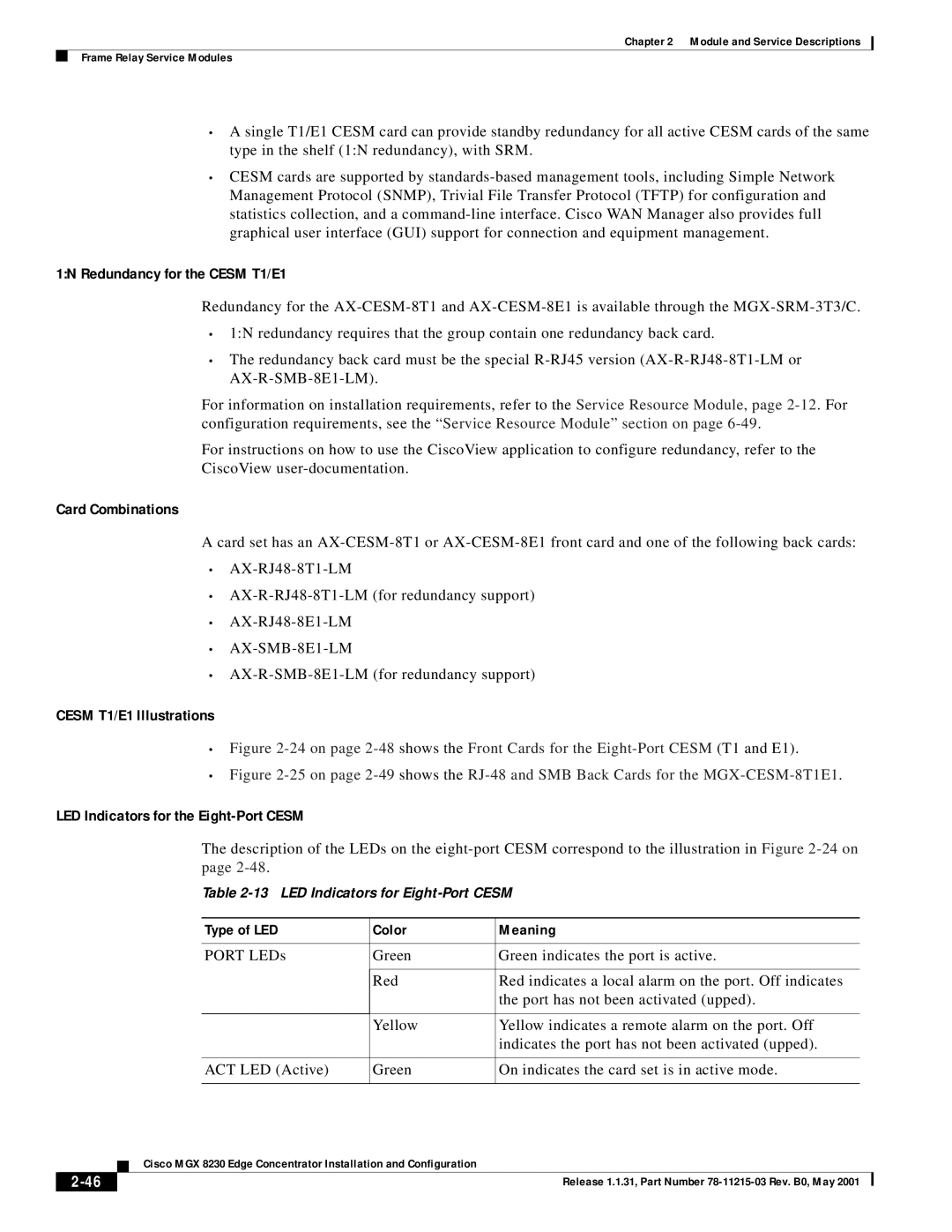 Cisco Systems MGX 8230 1N Redundancy for the Cesm T1/E1, Cesm T1/E1 Illustrations, LED Indicators for the Eight-Port Cesm 