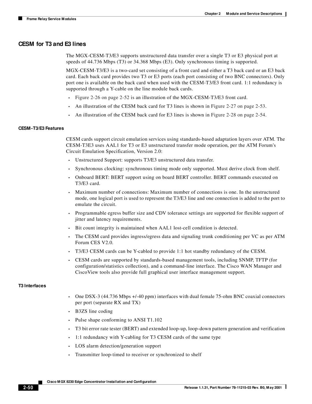 Cisco Systems MGX 8230 manual Cesm for T3 and E3 lines, CESM-T3/E3 Features, T3 Interfaces 