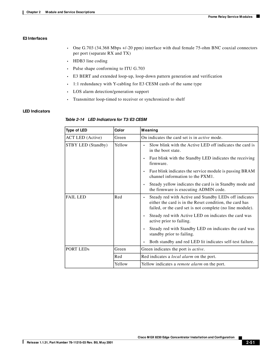 Cisco Systems MGX 8230 manual E3 Interfaces, LED Indicators 