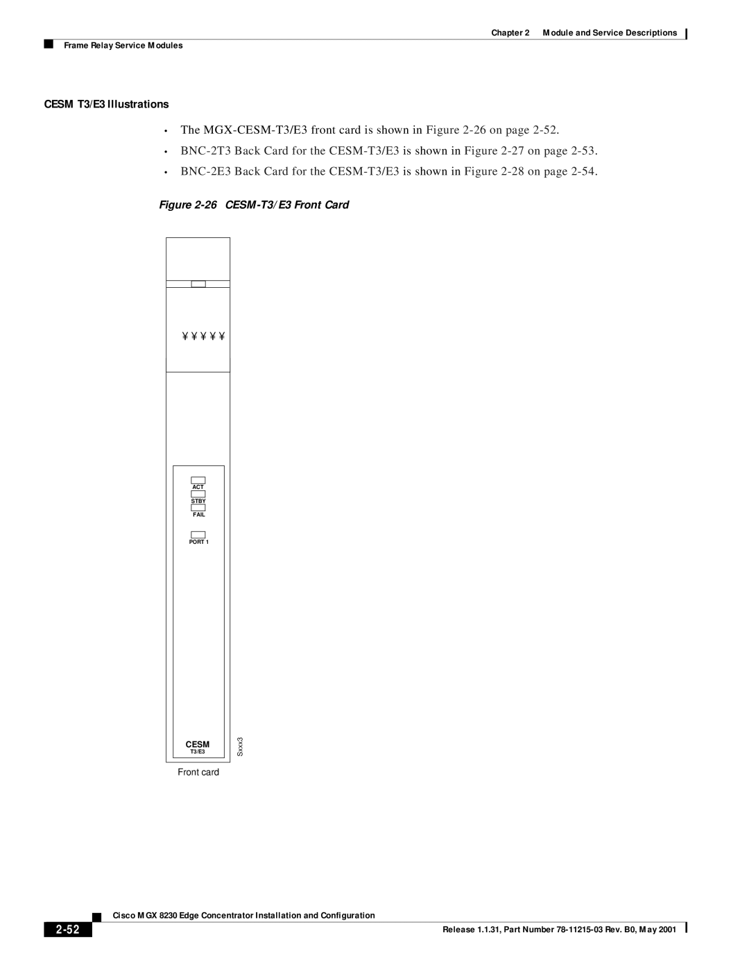 Cisco Systems MGX 8230 manual Cesm T3/E3 Illustrations, MGX-CESM-T3/E3 front card is shown in -26 on 