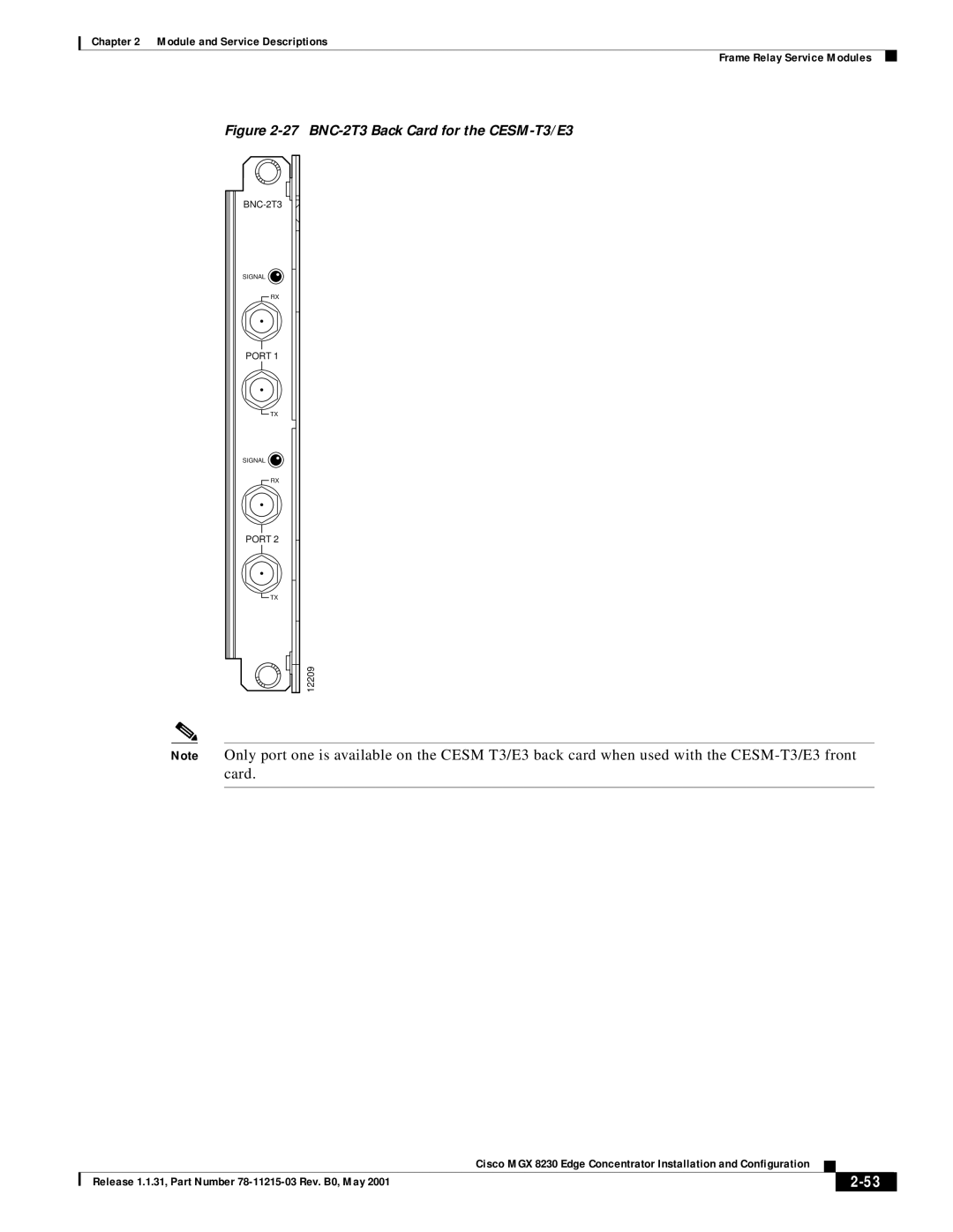 Cisco Systems MGX 8230 manual BNC-2T3 Back Card for the CESM-T3/E3 