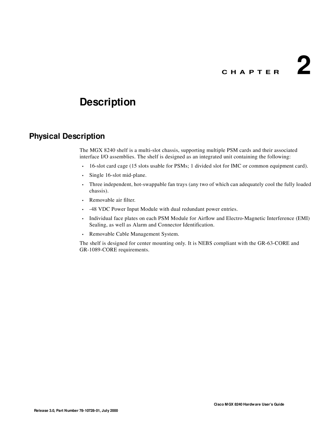 Cisco Systems MGX 8240 manual Physical Description, C H A P T E R 