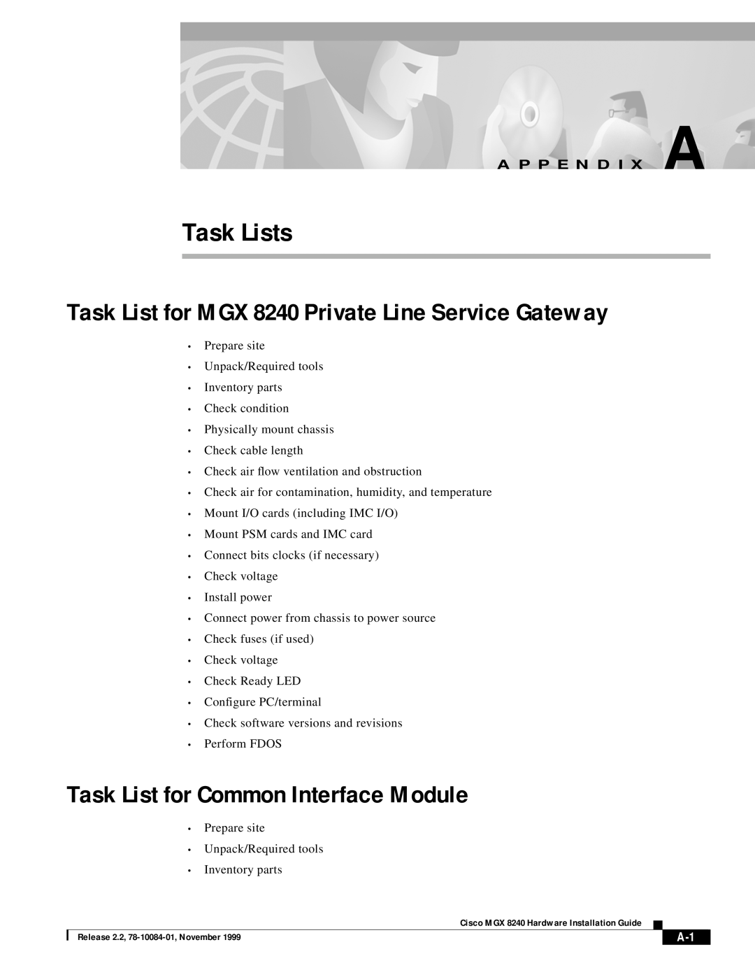 Cisco Systems appendix Task Lists, Task List for MGX 8240 Private Line Service Gateway, A P P E N D I X A 
