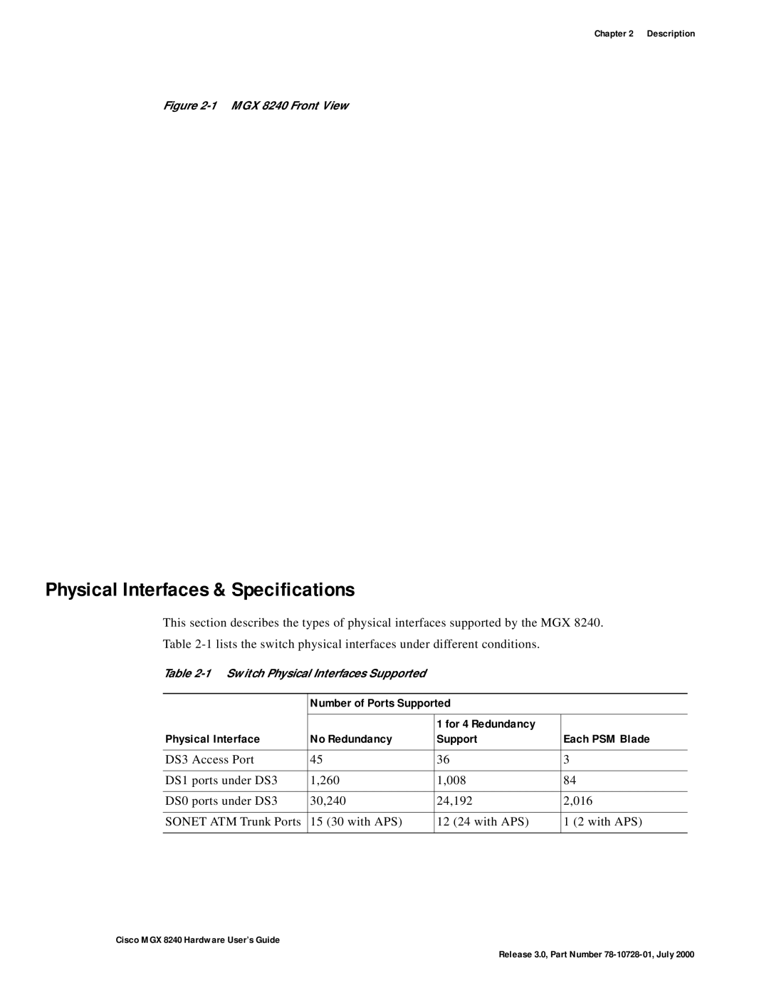 Cisco Systems manual Physical Interfaces & Specifications, MGX 8240 Front View 