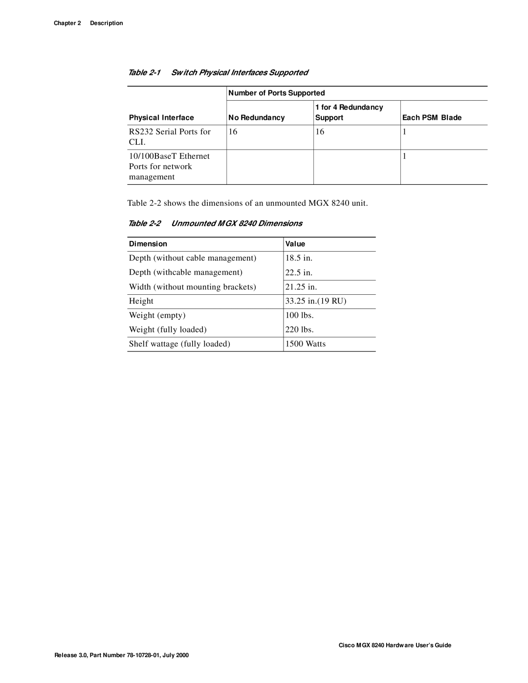 Cisco Systems MGX 8240 manual Dimension Value 