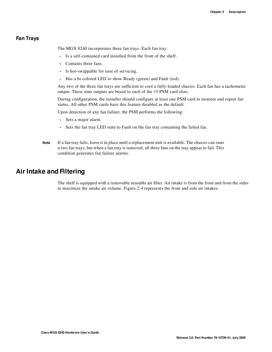 Cisco Systems MGX 8240 manual Air Intake and Filtering, Fan Trays 